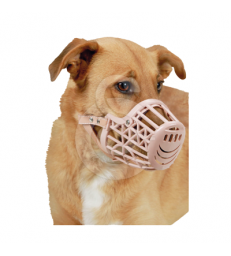 Muselière plastique avec courroie cuir.Tour museau 27 cm - Profondeur : 7 cm - Beige