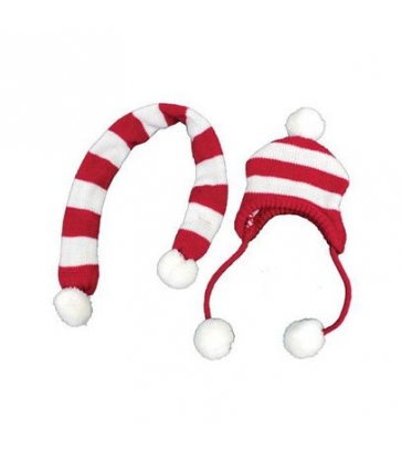 Ensemble bonnet/écharpe rayé rouge et blanc de Noël pour chien